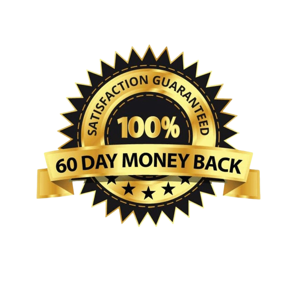 An official sixty-day one hundred percent satisfaction money-back guarantee seal ensuring a risk-free commercial transaction for all newly registered retail buyers.